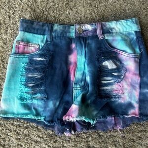 MINKPINK Blue and Pink Distressed Jean Shorts